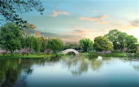 아름다운 공원 호수, 다리, 나무, 3D 설계
