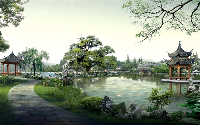 아름다운 공원, 호수, 돌, 관, 나무, 경로, 3D 디자인 렌더링 배경 화면 그림