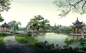 아름다운 공원, 호수, 돌, 관, 나무, 경로, 3D 디자인 렌더링 HD 배경 화면