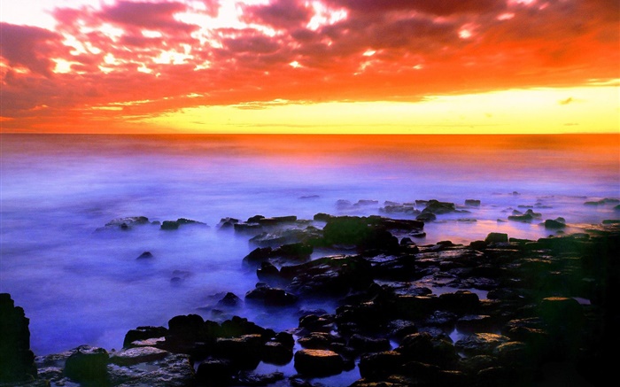 아름 다운 붉은 하늘, 일몰, 바다, 돌, 하와이, 미국 배경 화면 그림