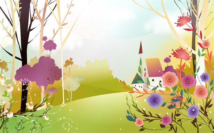 아름 다운 봄, 꽃, 나무, 태양, 집, 벡터 디자인 배경 화면 그림