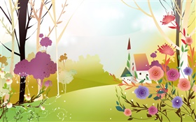 아름 다운 봄, 꽃, 나무, 태양, 집, 벡터 디자인 HD 배경 화면