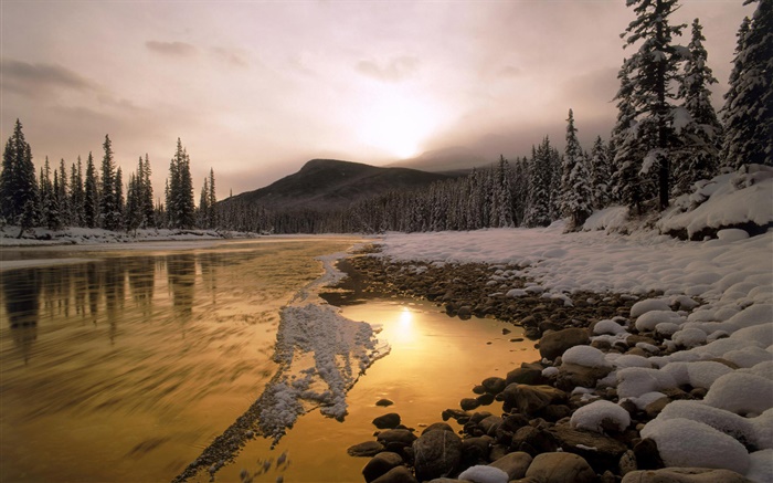 겨울, 숲, 눈, 산, 강 아름 다운 석양 배경 화면 그림