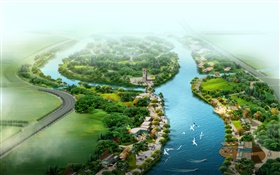 아름다운 평면도 공원, 강, 잔디, 나무, 조류, 3D 디자인 렌더링 HD 배경 화면