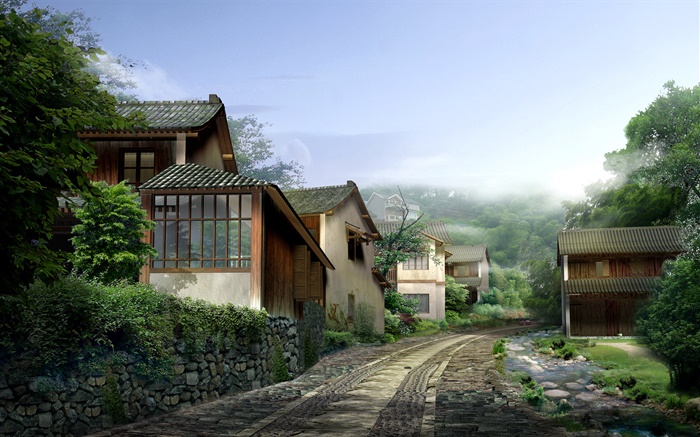 아름다운 마을, 주택, 도로, 돌, 안개, 3D 디자인 렌더링 배경 화면 그림