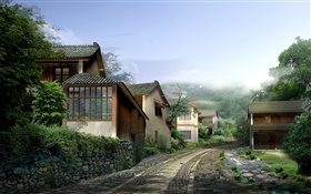 아름다운 마을, 주택, 도로, 돌, 안개, 3D 디자인 렌더링
