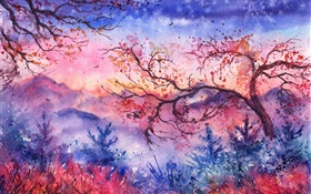 아름다운 수채화 그림, 저녁, 나무, 산, 레드 스타일 HD 배경 화면