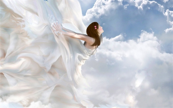 아름다운 하얀 드레스 천사, 환상 소녀, 구름 배경 화면 그림