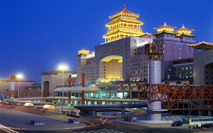 베이징 서역, 밤, 도시, 조명, 중국 배경 화면 그림