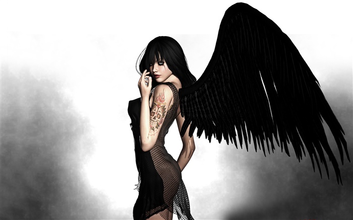 검은 천사, 날개, 판타지 소녀 배경 화면 그림