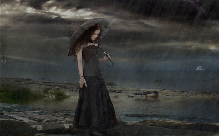 비오는 밤, 우산에 검은 드레스 판타지 소녀 배경 화면 그림