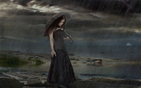 비오는 밤, 우산에 검은 드레스 판타지 소녀 HD 배경 화면
