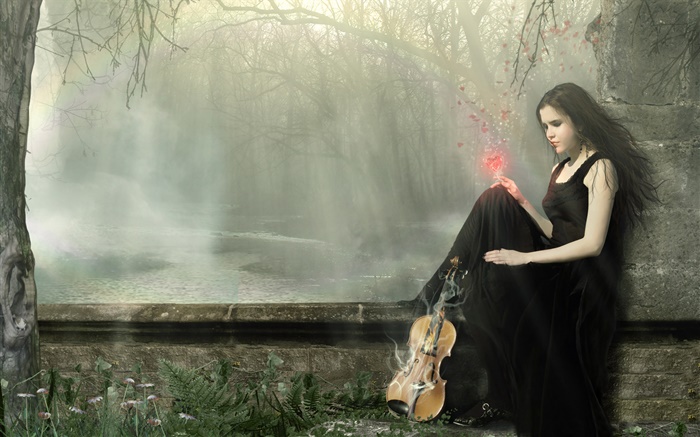 검은 드레스 판타지 소녀 마술, 바이올린 배경 화면 그림