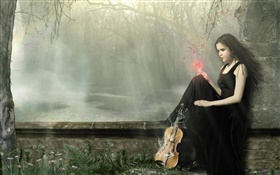 검은 드레스 판타지 소녀 마술, 바이올린 HD 배경 화면