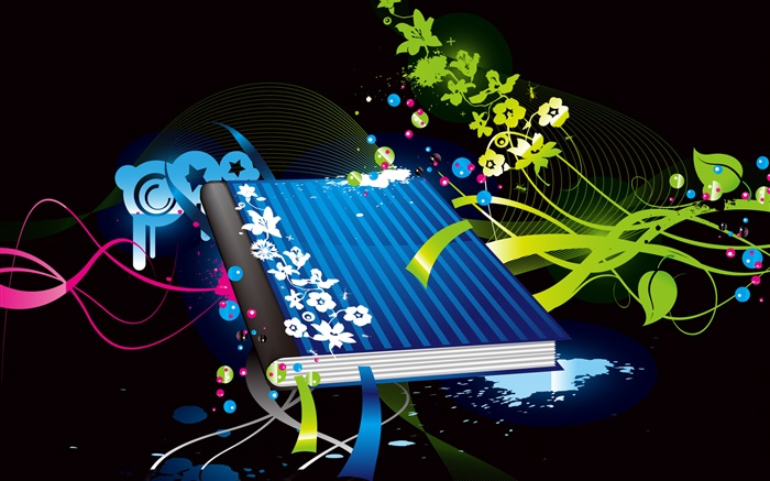 블루 커버 책, 녹색 꽃, 벡터 디자인 배경 화면 그림