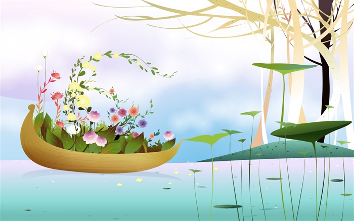 보트, 꽃, 나무, 강, 봄 시즌, 크리 에이 티브, 벡터 디자인 배경 화면 그림