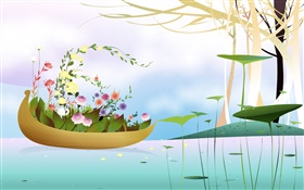 보트, 꽃, 나무, 강, 봄 시즌, 크리 에이 티브, 벡터 디자인 HD 배경 화면
