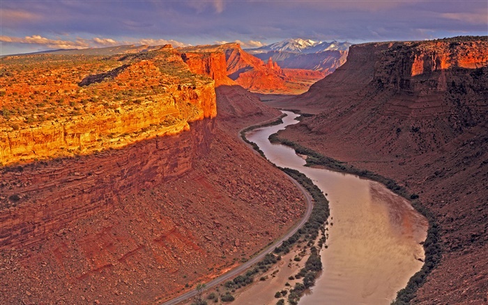 캐년, 강, 붉은 바위, 황혼 배경 화면 그림