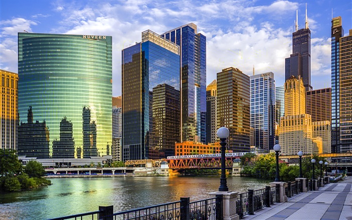 시카고시, 일리노이, 미국, 고층 빌딩, 강, 다리 배경 화면 그림