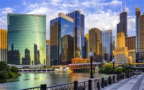 시카고시, 일리노이, 미국, 고층 빌딩, 강, 다리 HD 배경 화면