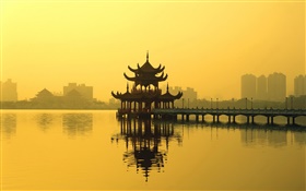 중국 풍경, 파빌리온, 호수, 황혼
