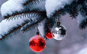 크리스마스 공, 나무, 나뭇 가지, 두꺼운 눈 HD 배경 화면