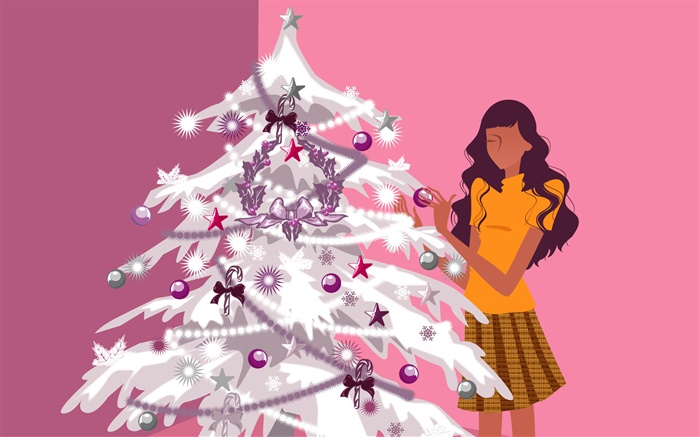 크리스마스 트리와 소녀, 벡터 디자인 배경 화면 그림