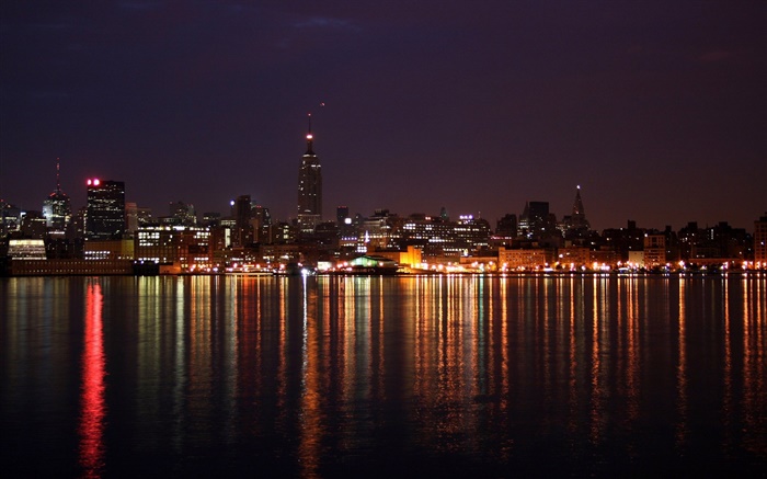 도시의 밤, 아름다운, 건물, 조명, 강, 반사 배경 화면 그림