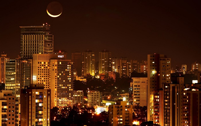 도시의 밤, 주택, 조명, 달 배경 화면 그림