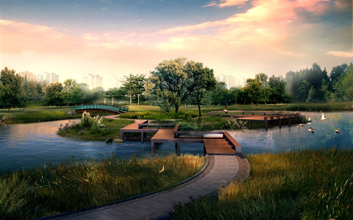 도시 공원, 나무 다리, 강, 새, 나무, 3D 설계 배경 화면 그림