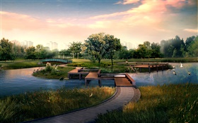 도시 공원, 나무 다리, 강, 새, 나무, 3D 설계 HD 배경 화면