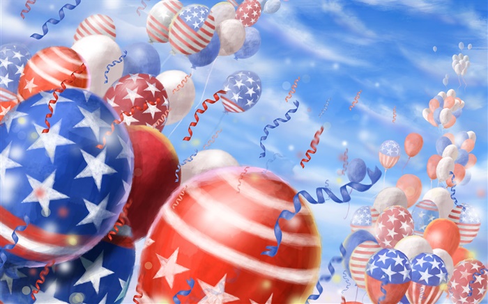 다채로운 풍선, 축제, 하늘, 미국 국기 배경 화면 그림