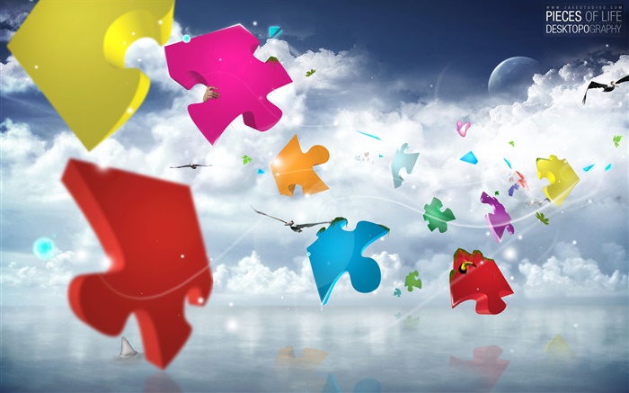 다채로운 퍼즐, 하늘, 구름, 창조적 인 디자인 배경 화면 그림