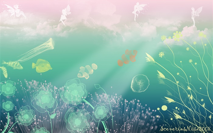 크리 에이 티브 디자인, 예술, 수중, 바다, 물고기, 꽃, 천사 배경 화면 그림
