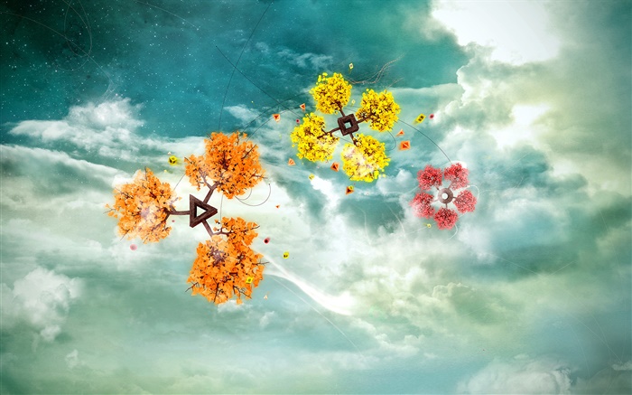 크리 에이 티브 디자인, 레드, 오렌지, 노란색 나무, 하늘, 구름 배경 화면 그림