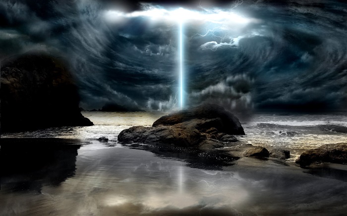 크리 에이 티브 디자인, 폭풍, 번개, 구름, 바다, 돌 배경 화면 그림