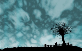 크리 에이 티브 사진, 검은 모양, 나무, 새, 울타리, 구름