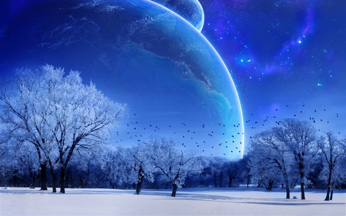 세계, 겨울, 나무, 새, 행성, 블루 스타일 꿈 배경 화면 그림
