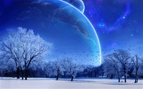 세계, 겨울, 나무, 새, 행성, 블루 스타일 꿈