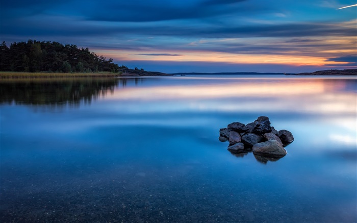 황혼, 호수, 물, 돌, 나무, 노르웨이 자연 풍경 배경 화면 그림