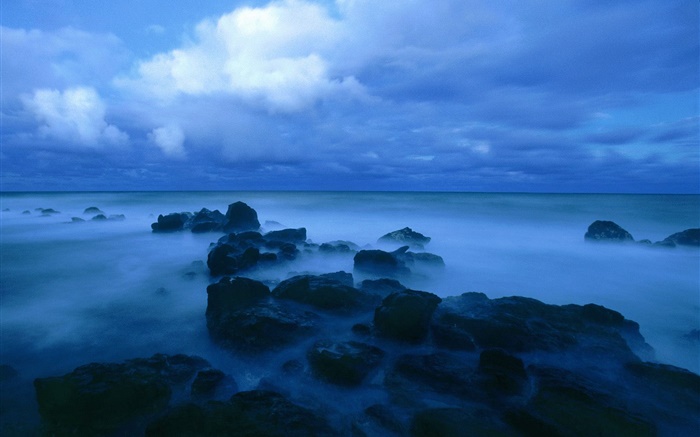 황혼, 바다, 해안, 바위, 구름, 푸른 스타일 배경 화면 그림