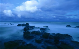 황혼, 바다, 해안, 바위, 구름, 푸른 스타일