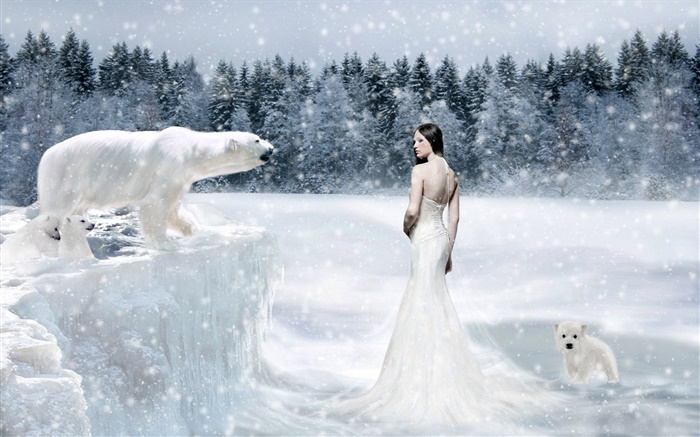 판타지 소녀와 북극곰, 감기 배경 화면 그림