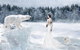 판타지 소녀와 북극곰, 감기 HD 배경 화면