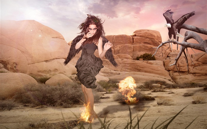 판타지 소녀, 검은 날개, 바위, 화재 배경 화면 그림
