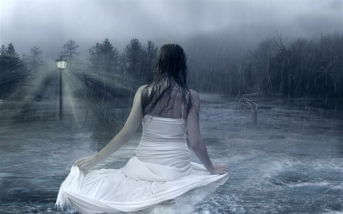 비오는 밤, 물, 램프, 나무 판타지 소녀 배경 화면 그림