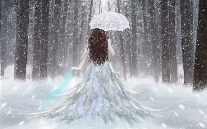 겨울 숲, 눈, 우산, 다시보기의 판타지 소녀 배경 화면 그림