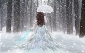 겨울 숲, 눈, 우산, 다시보기의 판타지 소녀 HD 배경 화면