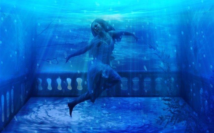 수중, 푸른 물 판타지 여자 배경 화면 그림