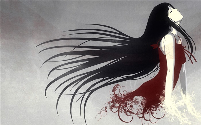 판타지 소녀, 긴 머리, 빨간 드레스, 아트 디자인 배경 화면 그림